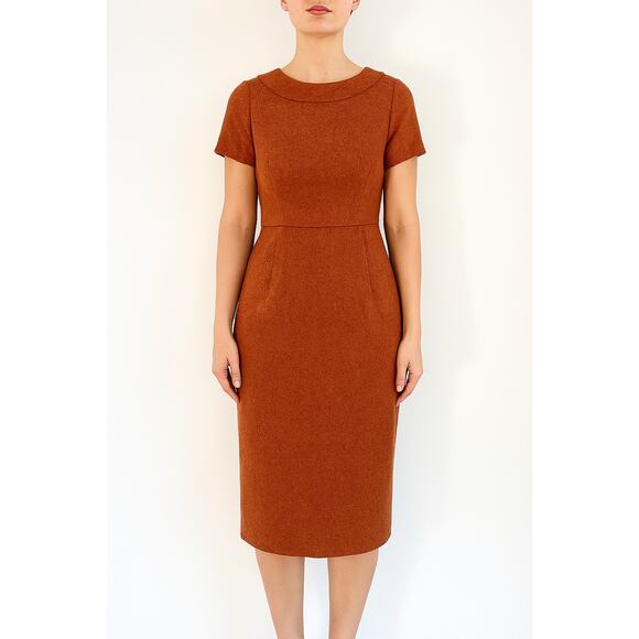 Carolina Herrera 100% Wool Short Sleeve Midi Sheath Dress Brown/Orange Womens 4 - Picture 1 of 11